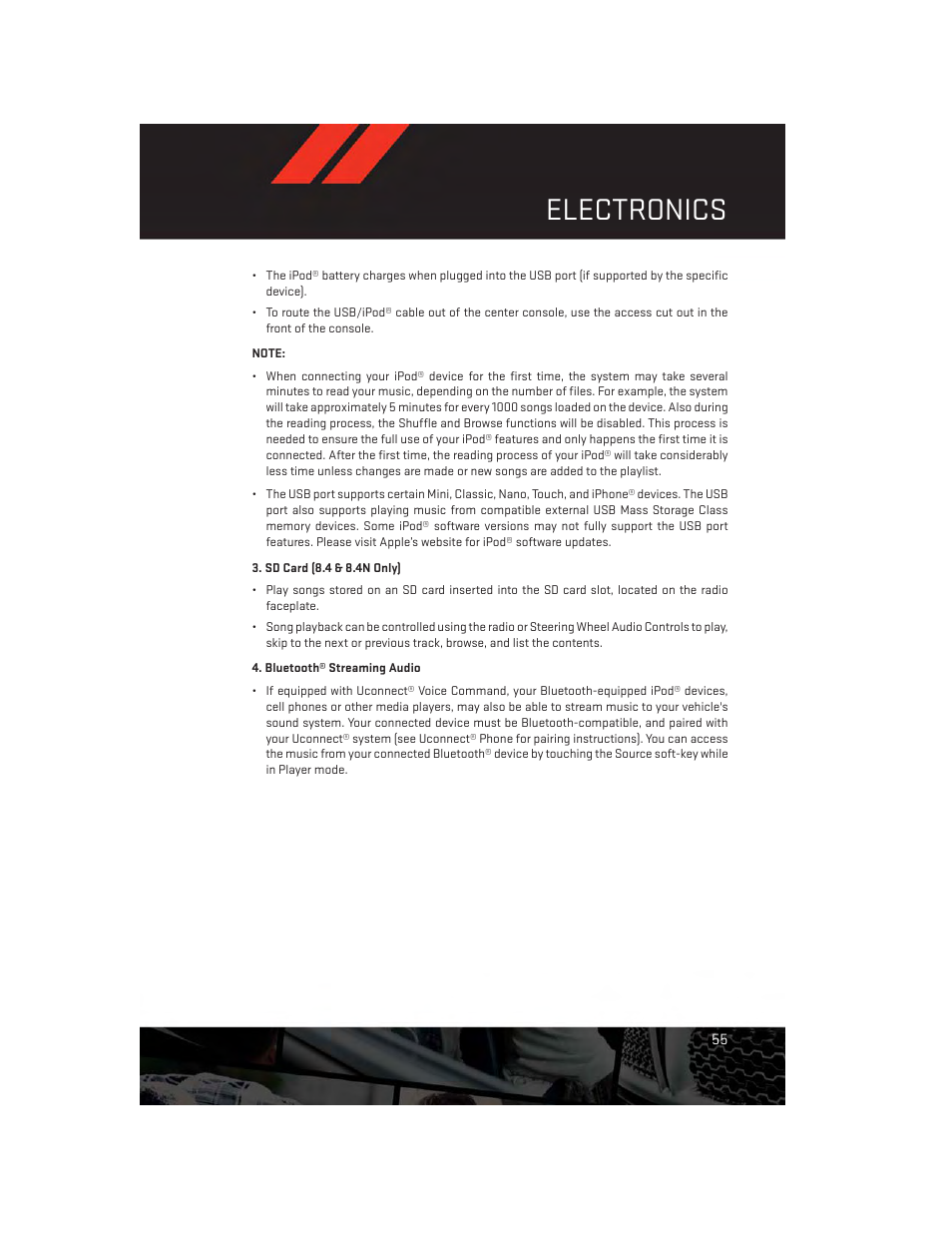 Sd card (8.4 & 8.4n only), Bluetooth® streaming audio, Electronics | Dodge 2013 Charger-SRT - User Guide User Manual | Page 57 / 132