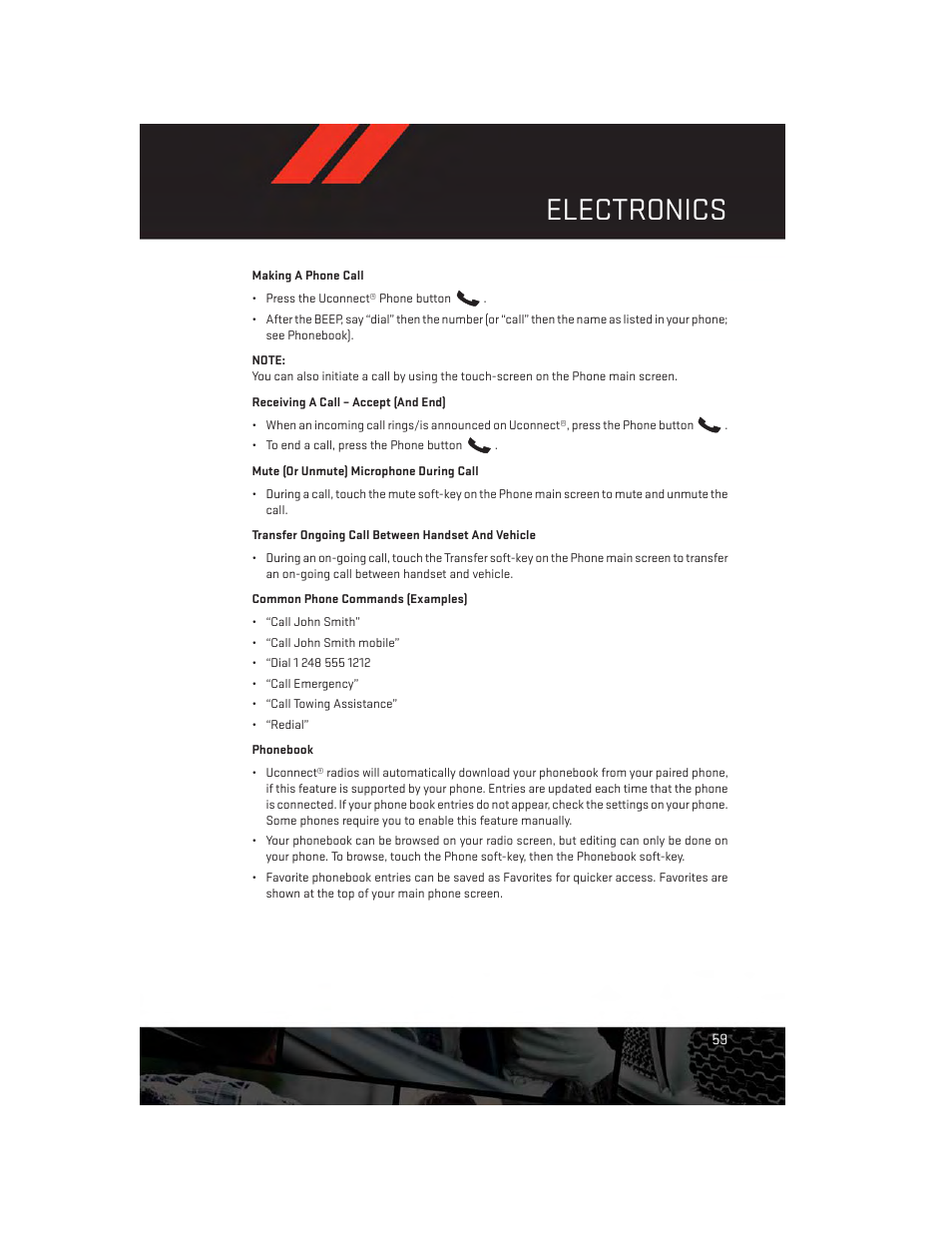 Making a phone call, Receiving a call – accept (and end), Mute (or unmute) microphone during call | Transfer ongoing call between handset and vehicle, Common phone commands (examples), Phonebook, Electronics | Dodge 2013 Charger-SRT - User Guide User Manual | Page 61 / 132