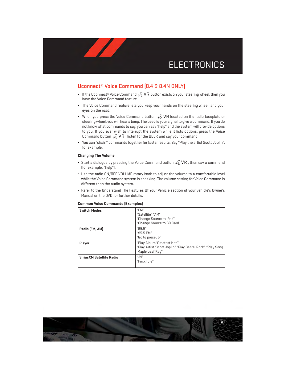 Uconnect® voice command (8.4 & 8.4n only), Changing the volume, Common voice commands (examples) | Electronics | Dodge 2013 Charger-SRT - User Guide User Manual | Page 63 / 132