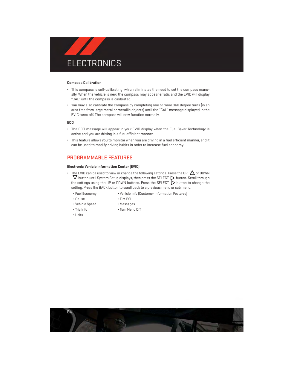 Compass calibration, Programmable features, Electronic vehicle information center (evic) | Electronics | Dodge 2013 Charger-SRT - User Guide User Manual | Page 66 / 132