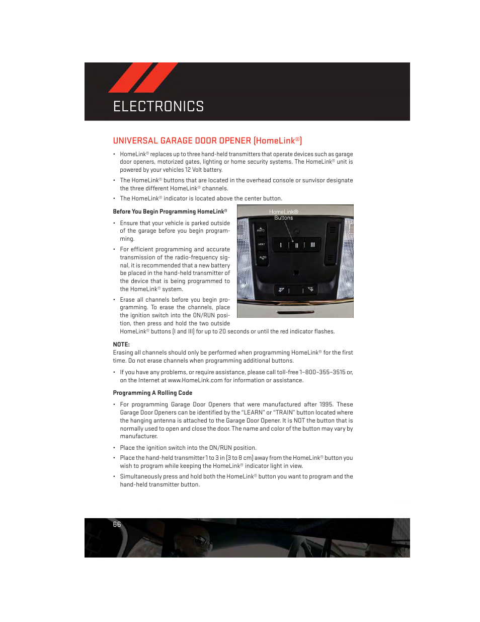Universal garage door opener (homelink®), Before you begin programming homelink, Programming a rolling code | Electronics | Dodge 2013 Charger-SRT - User Guide User Manual | Page 68 / 132