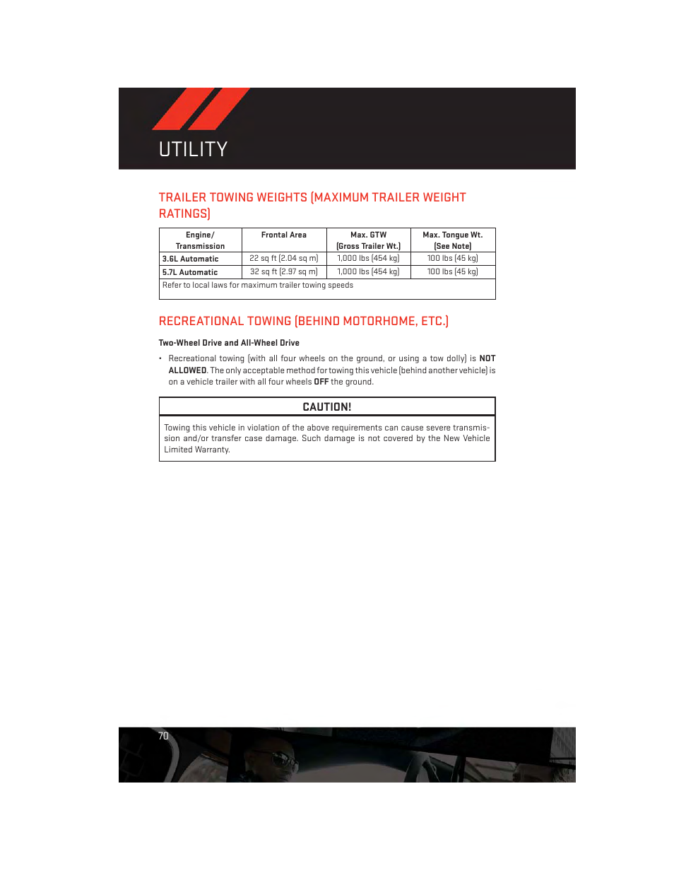 Utility, Recreational towing (behind motorhome, etc.), Two-wheel drive and all-wheel drive | Dodge 2013 Charger-SRT - User Guide User Manual | Page 72 / 132