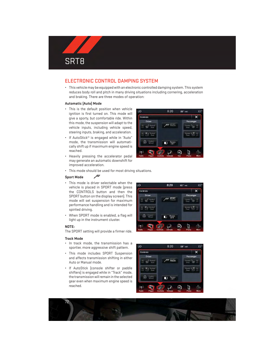 Electronic control damping system, Automatic (auto) mode, Sport mode | Track mode, Srt8 | Dodge 2013 Charger-SRT - User Guide User Manual | Page 74 / 132
