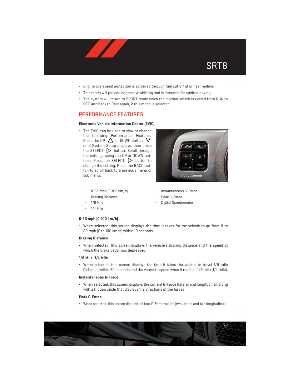 Performance features, Electronic vehicle information center (evic), Srt8 | Dodge 2013 Charger-SRT - User Guide User Manual | Page 75 / 132