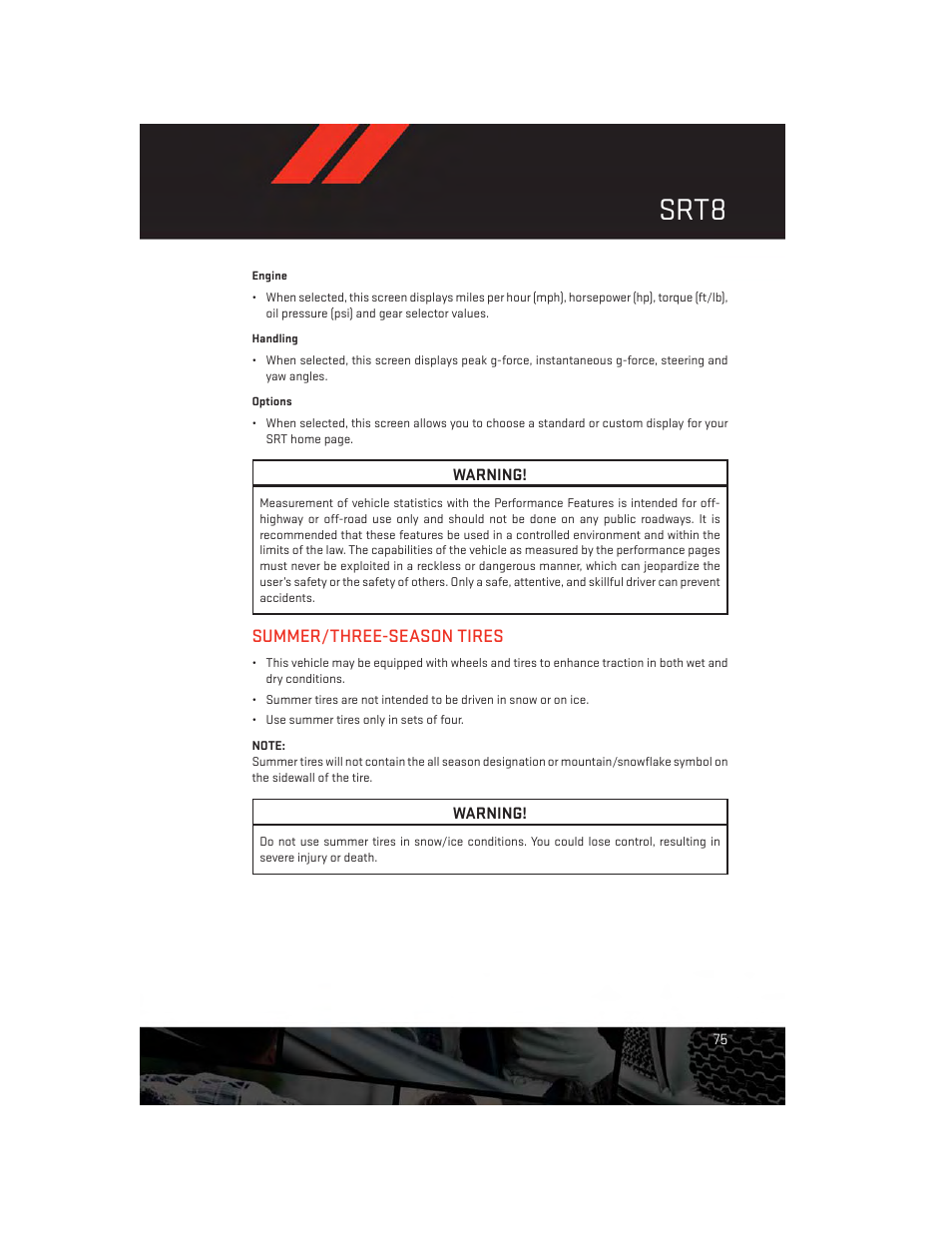 Summer/three-season tires, Srt8 | Dodge 2013 Charger-SRT - User Guide User Manual | Page 77 / 132
