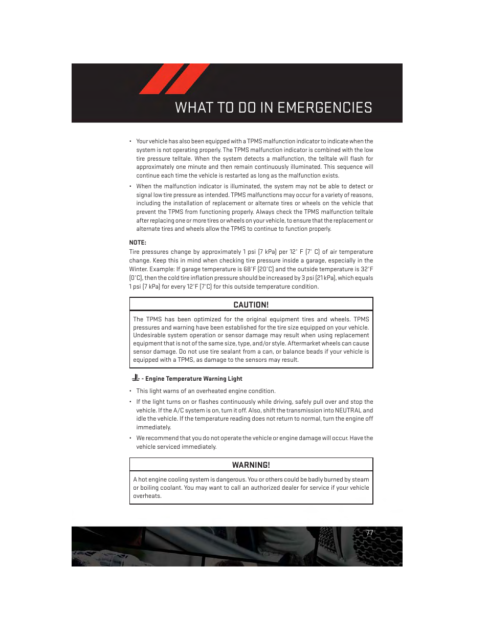 Engine temperature warning light, What to do in emergencies | Dodge 2013 Charger-SRT - User Guide User Manual | Page 79 / 132