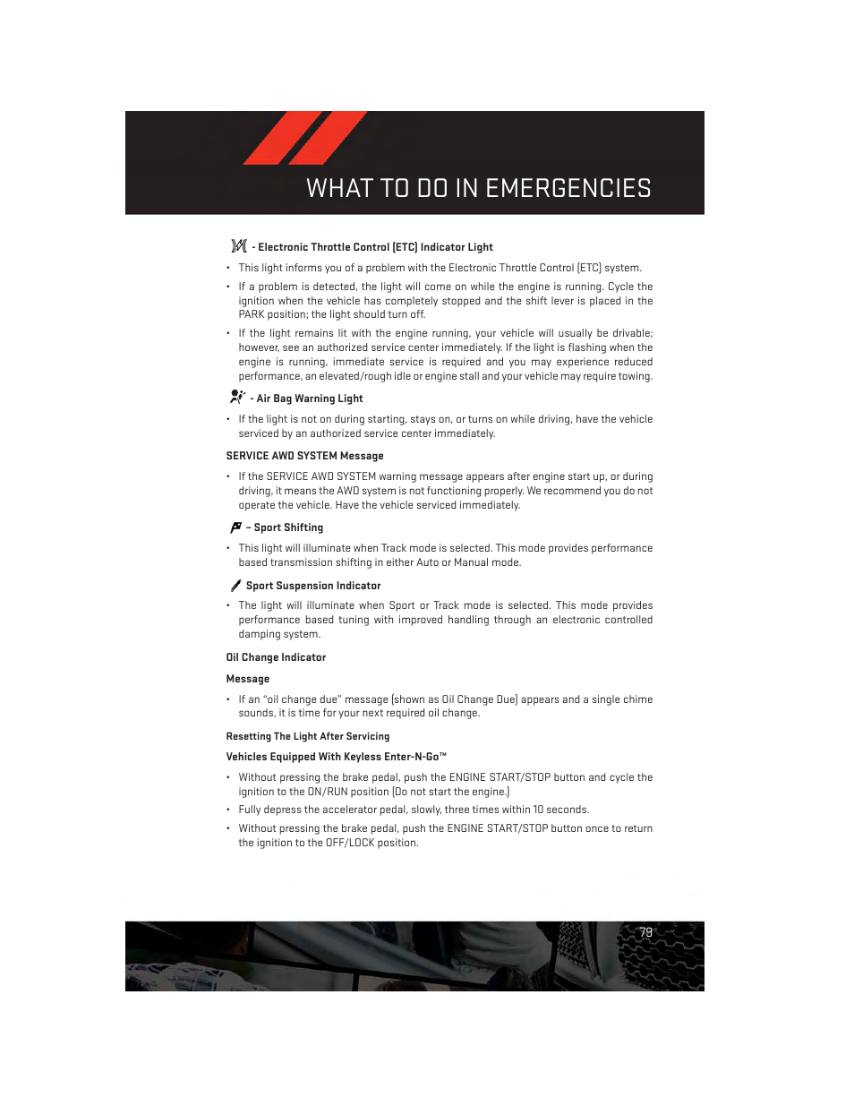 Electronic throttle control (etc) indicator light, Air bag warning light, Service awd system message | Sport shifting, Sport suspension indicator, Oil change indicator, What to do in emergencies | Dodge 2013 Charger-SRT - User Guide User Manual | Page 81 / 132