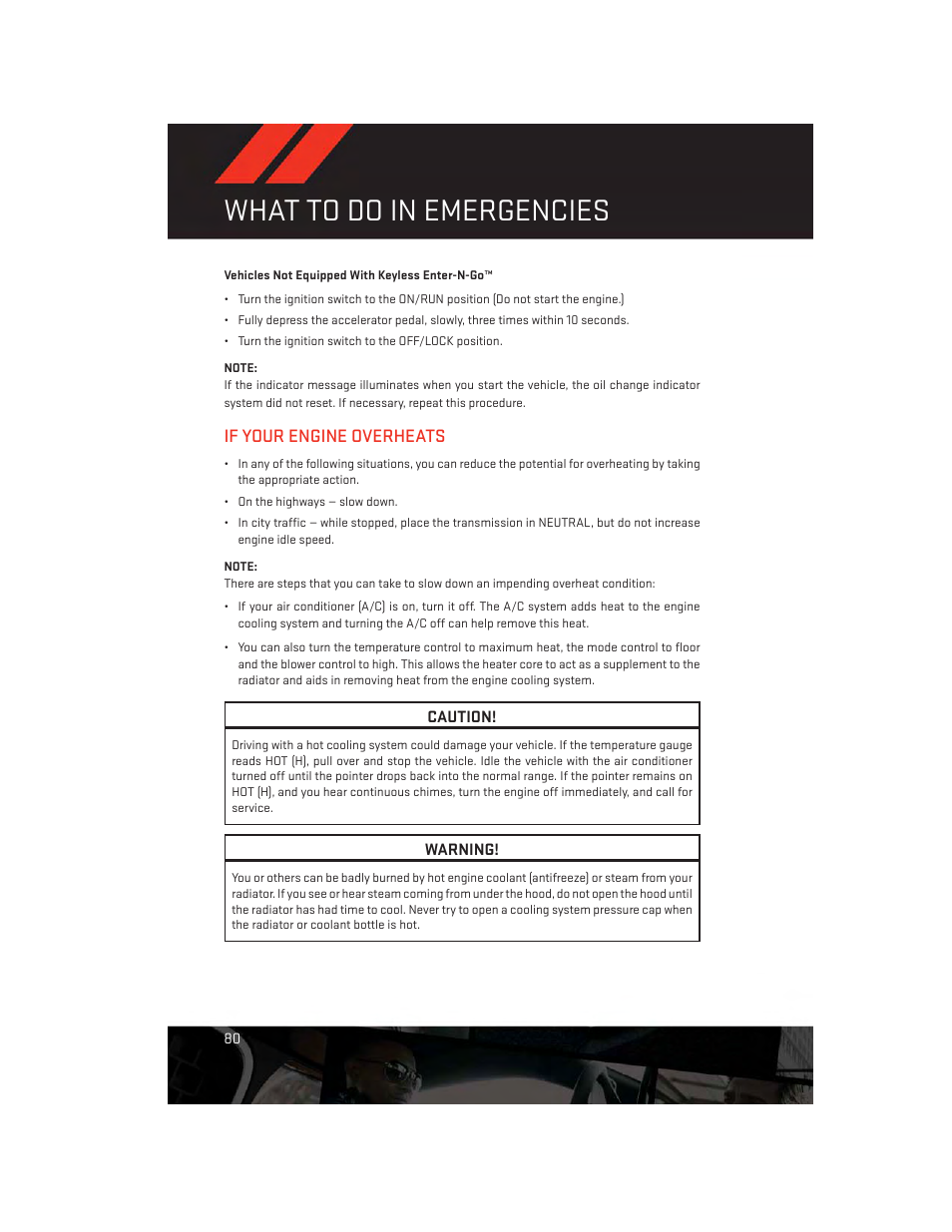 If your engine overheats, What to do in emergencies | Dodge 2013 Charger-SRT - User Guide User Manual | Page 82 / 132