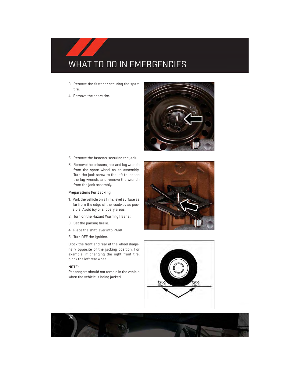 Preparations for jacking, What to do in emergencies | Dodge 2013 Charger-SRT - User Guide User Manual | Page 84 / 132