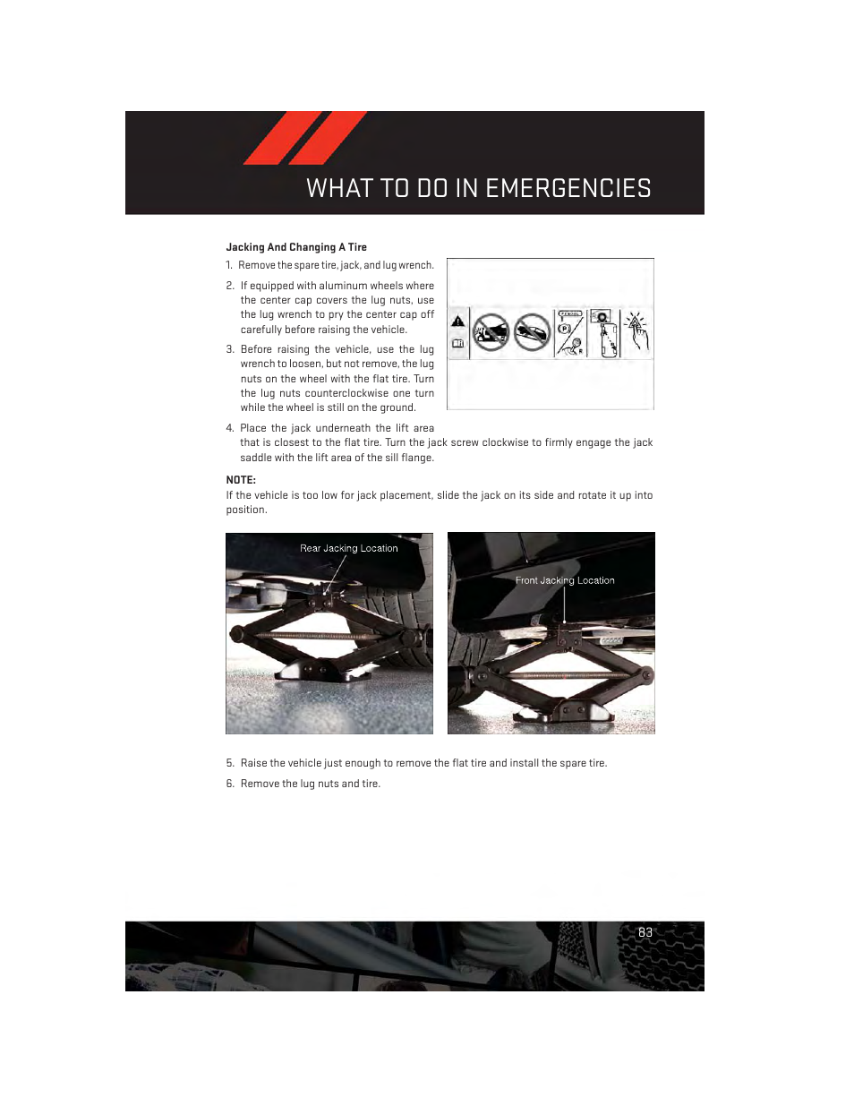 Jacking and changing a tire, What to do in emergencies | Dodge 2013 Charger-SRT - User Guide User Manual | Page 85 / 132