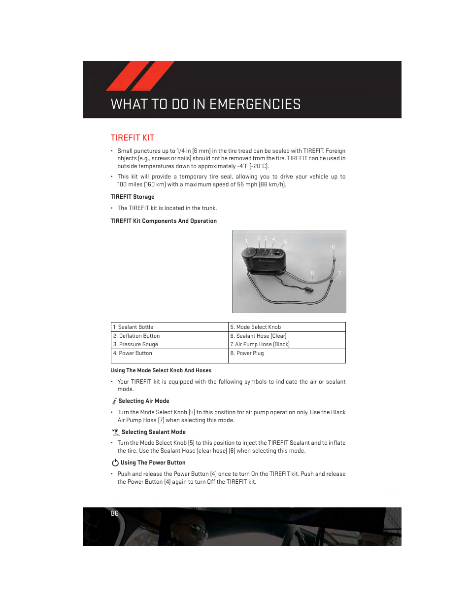 Tirefit kit, Tirefit storage, Tirefit kit components and operation | What to do in emergencies | Dodge 2013 Charger-SRT - User Guide User Manual | Page 88 / 132