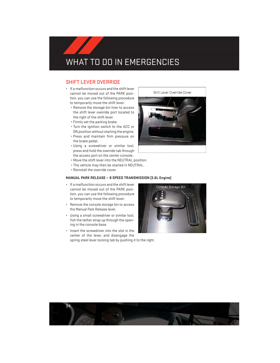 Shift lever override, What to do in emergencies | Dodge 2013 Charger-SRT - User Guide User Manual | Page 96 / 132