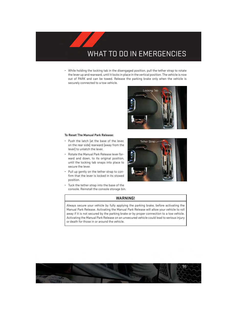 What to do in emergencies | Dodge 2013 Charger-SRT - User Guide User Manual | Page 97 / 132