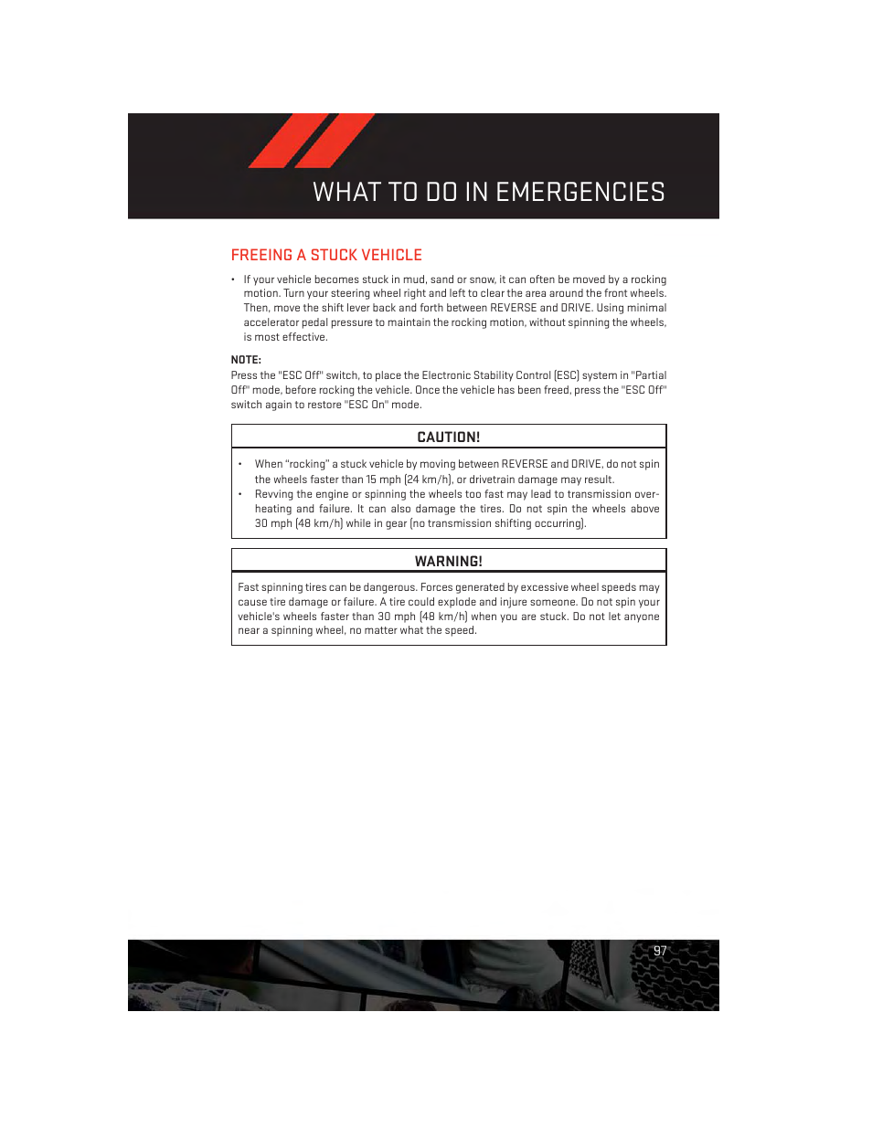 Freeing a stuck vehicle, What to do in emergencies | Dodge 2013 Charger-SRT - User Guide User Manual | Page 99 / 132