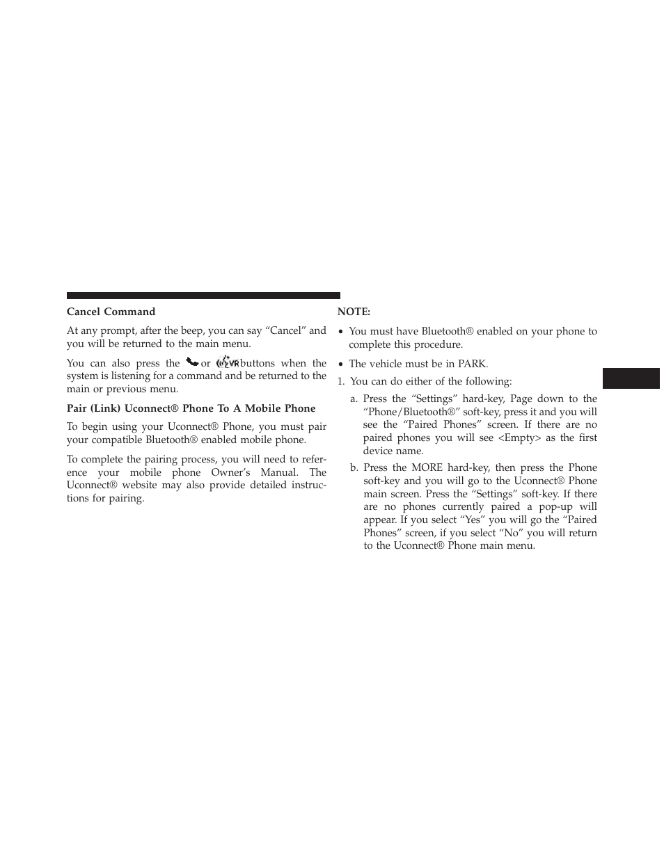Cancel command, Pair (link) uconnect® phone to a mobile phone | Dodge 2013 Charger-SRT - Owner Manual User Manual | Page 131 / 595