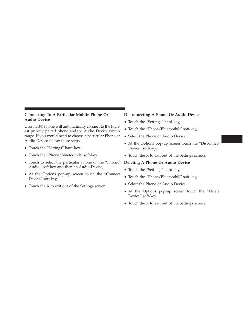 Disconnecting a phone or audio device, Deleting a phone or audio device | Dodge 2013 Charger-SRT - Owner Manual User Manual | Page 133 / 595