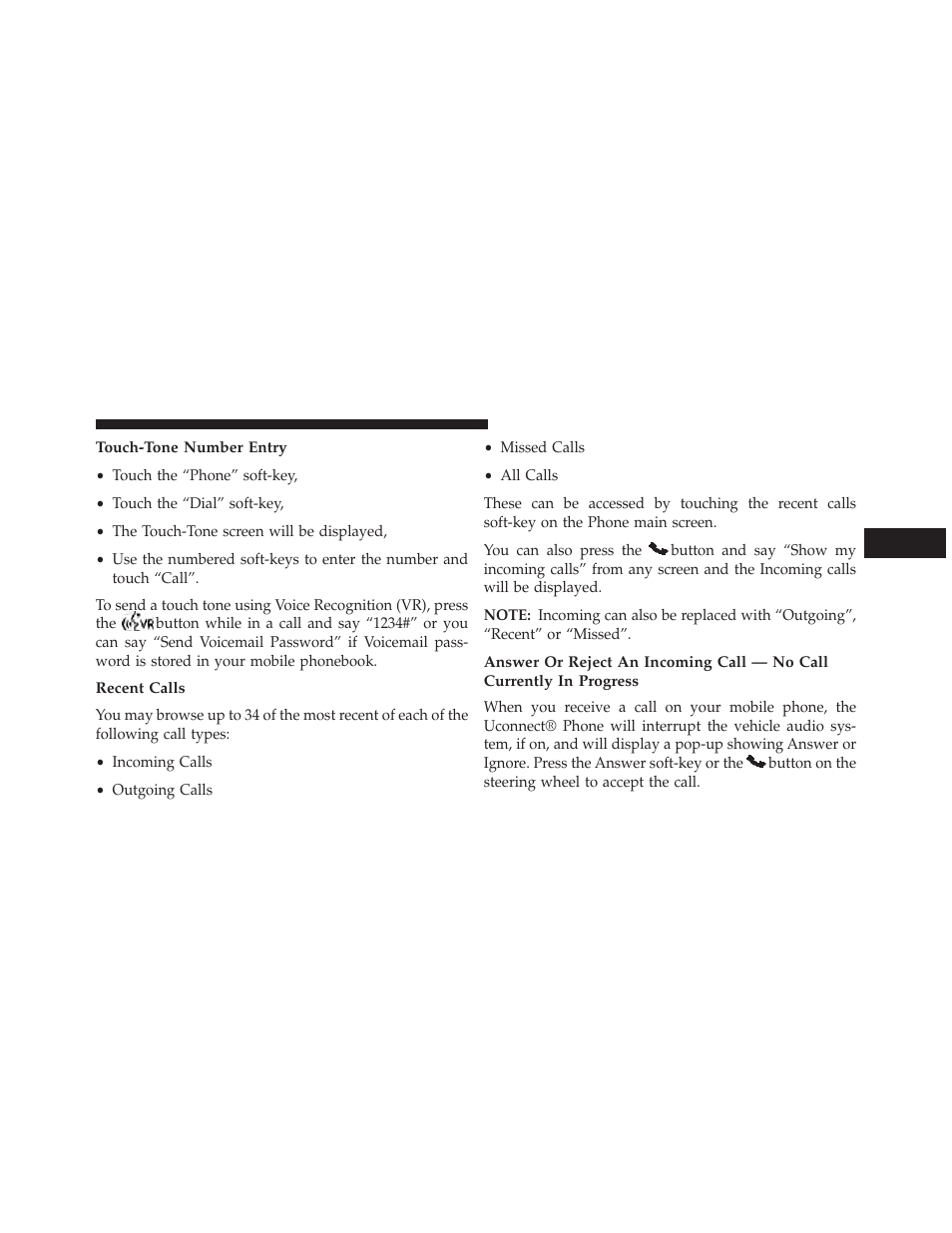 Touch-tone number entry, Recent calls | Dodge 2013 Charger-SRT - Owner Manual User Manual | Page 137 / 595