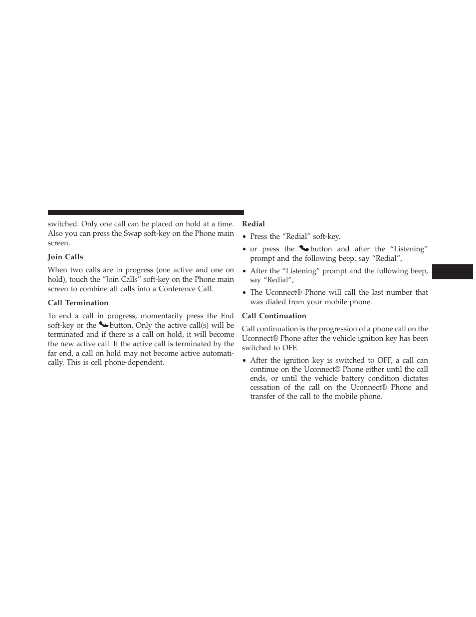 Join calls, Call termination, Redial | Call continuation | Dodge 2013 Charger-SRT - Owner Manual User Manual | Page 139 / 595