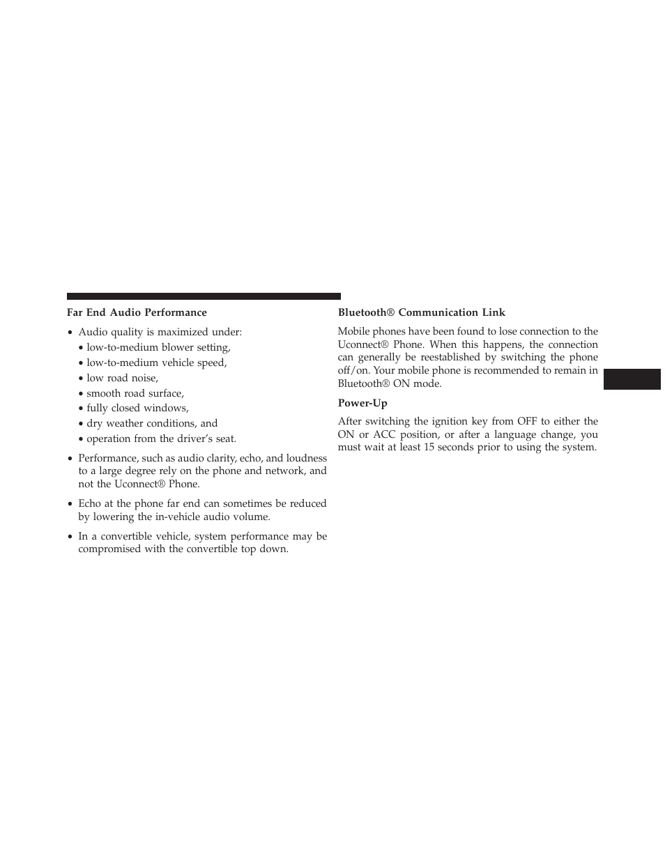 Far end audio performance, Bluetooth® communication link, Power-up | Dodge 2013 Charger-SRT - Owner Manual User Manual | Page 147 / 595