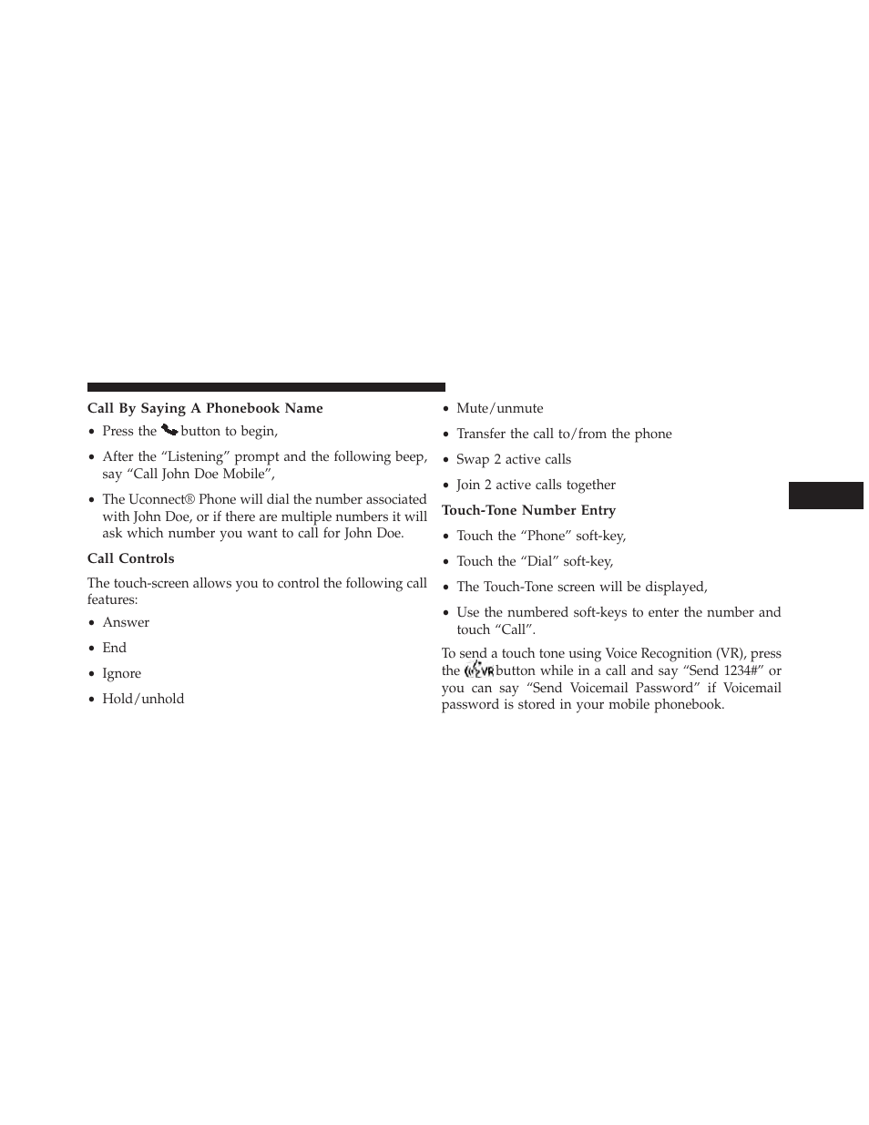 Call by saying a phonebook name, Call controls, Touch-tone number entry | Dodge 2013 Charger-SRT - Owner Manual User Manual | Page 165 / 595