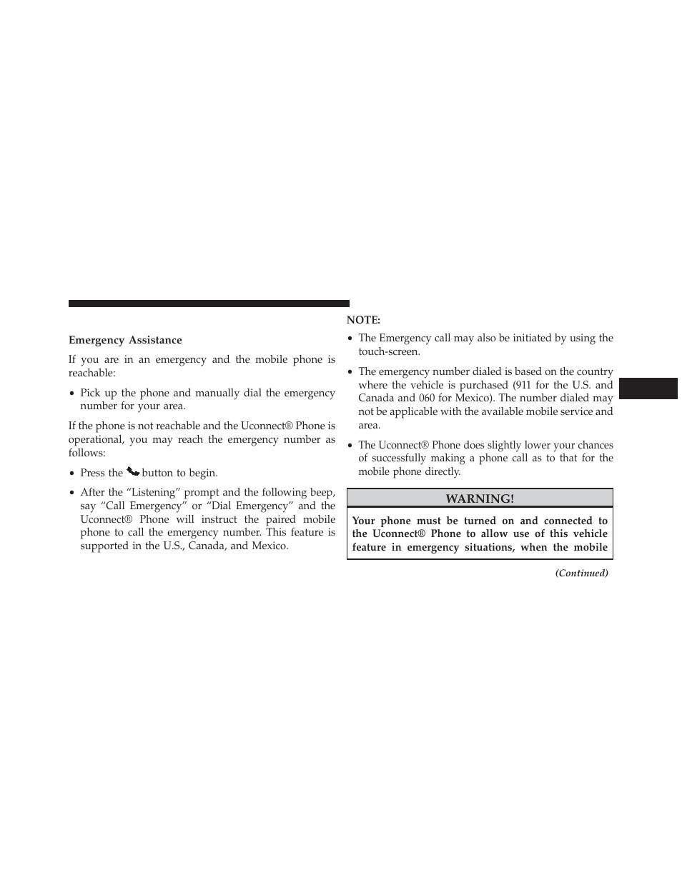 Uconnect® phone features, Emergency assistance | Dodge 2013 Charger-SRT - Owner Manual User Manual | Page 169 / 595