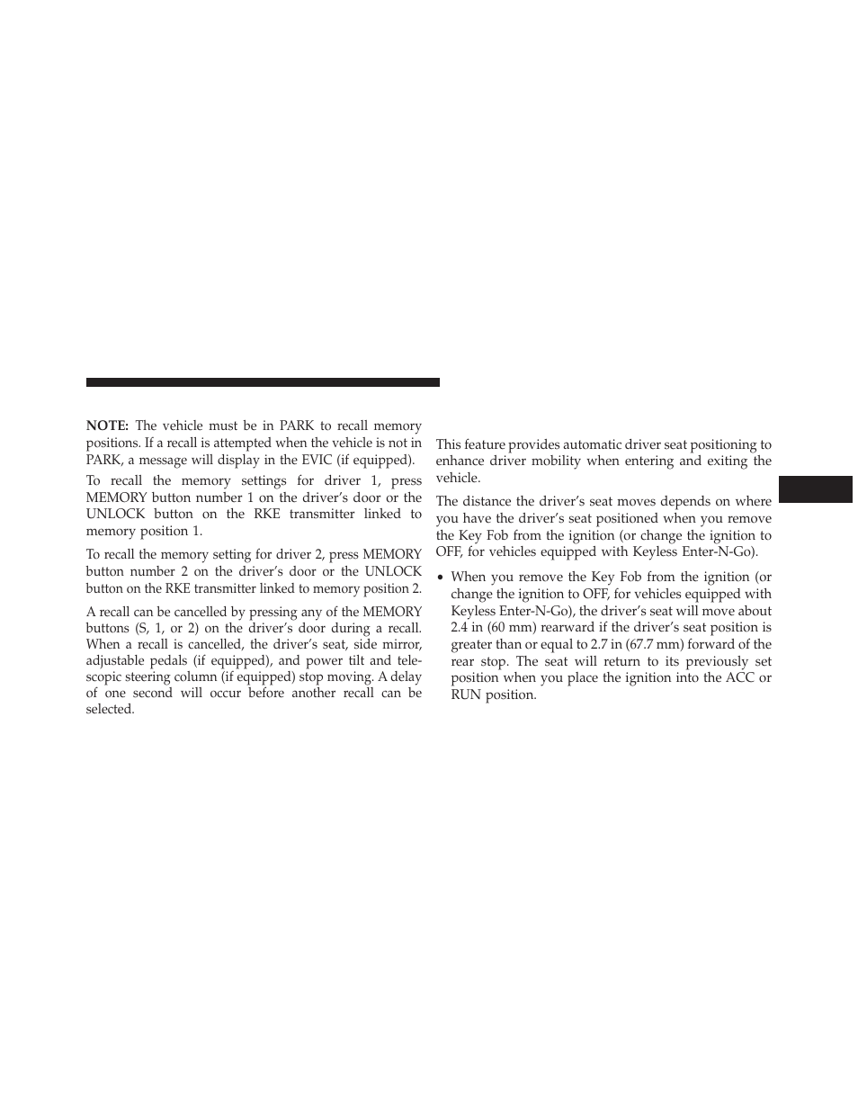 Memory position recall, Easy entry/exit seat (available with, Memory seat only) | Dodge 2013 Charger-SRT - Owner Manual User Manual | Page 217 / 595