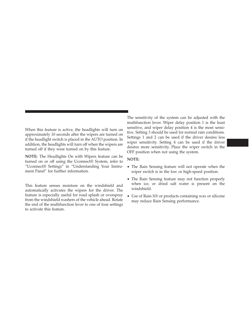 Rain sensing wipers — if equipped, Headlights on with wipers (available with, Automatic headlights only) | Dodge 2013 Charger-SRT - Owner Manual User Manual | Page 233 / 595