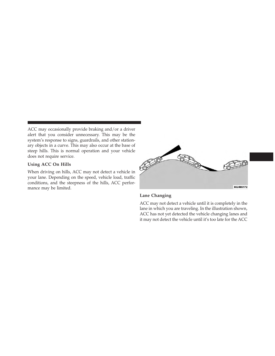 Using acc on hills, Lane changing | Dodge 2013 Charger-SRT - Owner Manual User Manual | Page 261 / 595