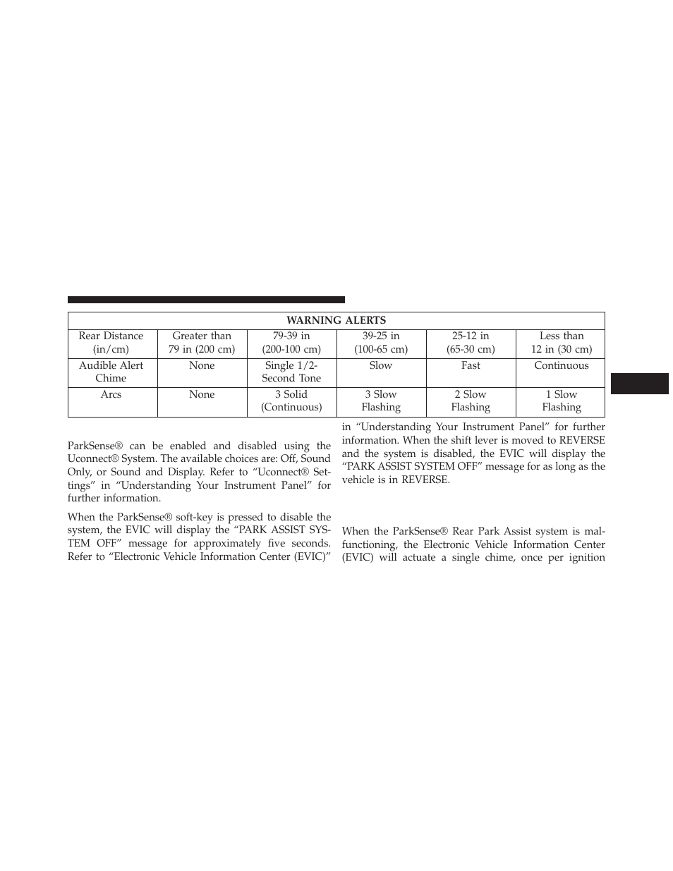 Enabling and disabling parksense, Service the parksense® rear park assist system, Service the parksense® rear park assist | System | Dodge 2013 Charger-SRT - Owner Manual User Manual | Page 273 / 595