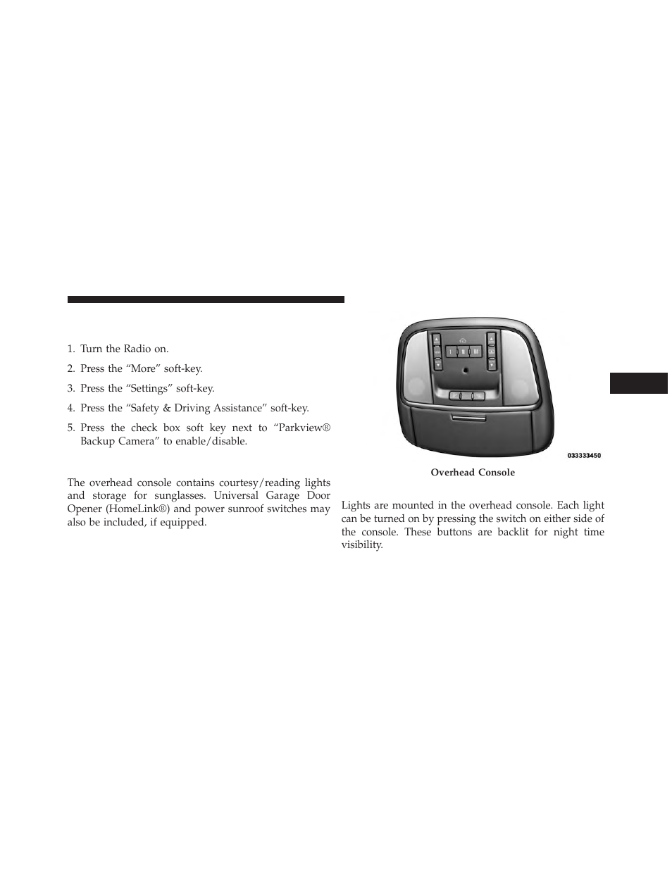 Overhead console, Front map/reading lights, Turning parkview® on or off | With touch-screen radio | Dodge 2013 Charger-SRT - Owner Manual User Manual | Page 279 / 595