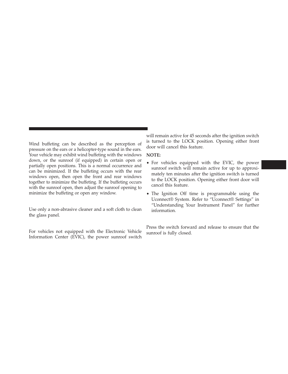 Wind buffeting, Sunroof maintenance, Ignition off operation | Sunroof fully closed | Dodge 2013 Charger-SRT - Owner Manual User Manual | Page 293 / 595