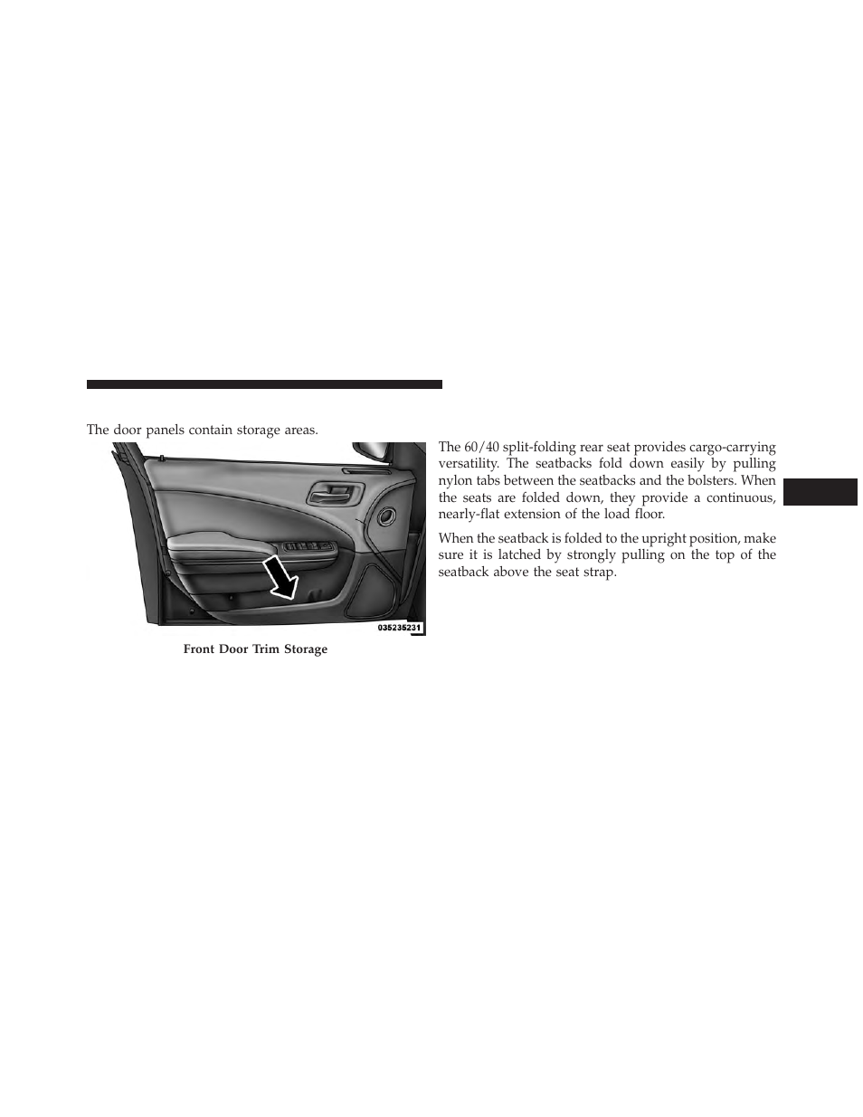 Door storage, Cargo area — vehicles equipped with, 60/40 split-folding rear seat | Dodge 2013 Charger-SRT - Owner Manual User Manual | Page 303 / 595