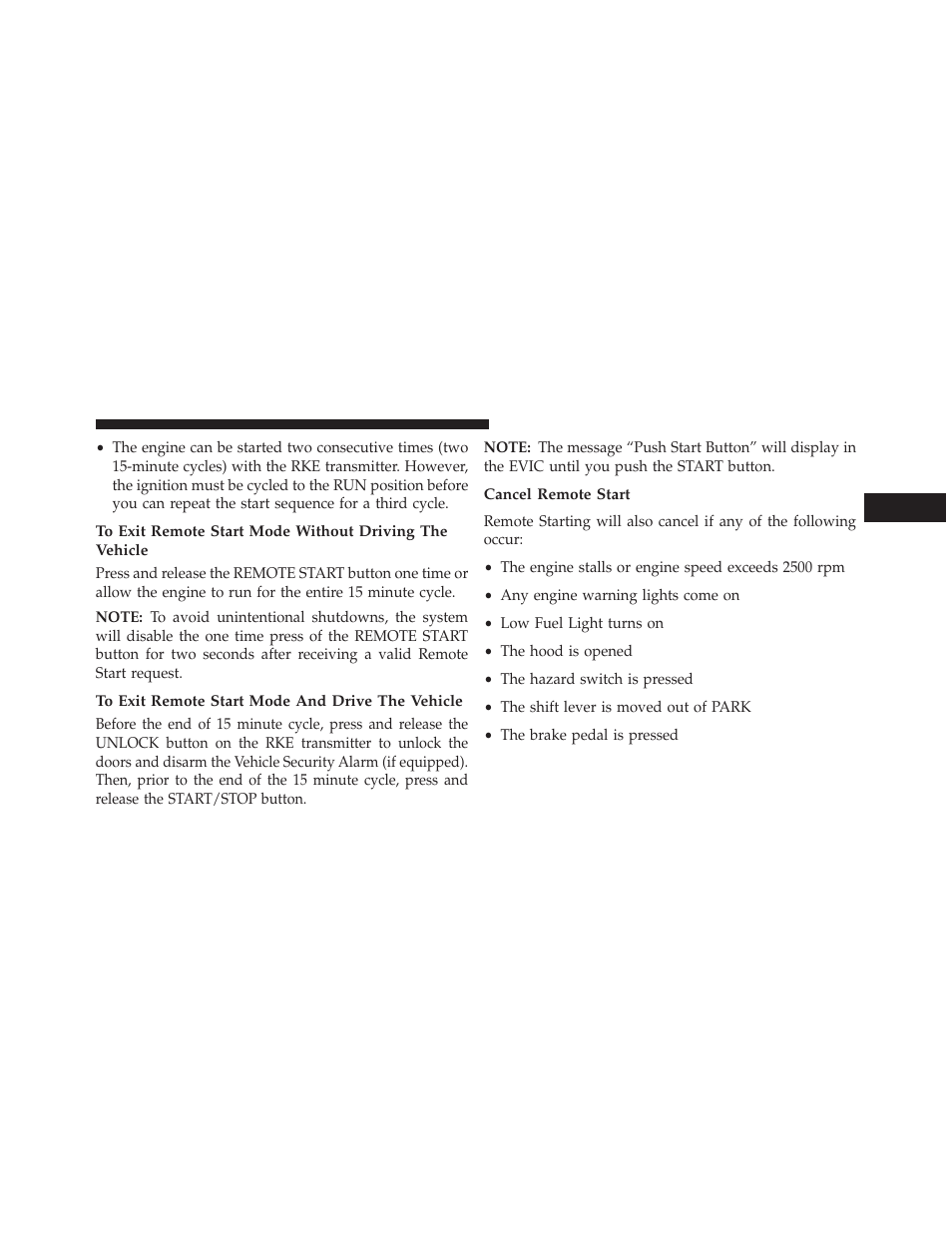 To exit remote start mode and drive the vehicle, Cancel remote start | Dodge 2013 Charger-SRT - Owner Manual User Manual | Page 31 / 595