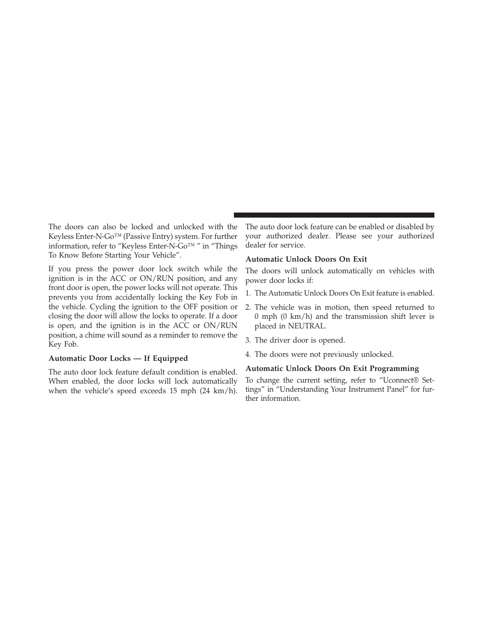 Automatic door locks — if equipped, Automatic unlock doors on exit, Automatic unlock doors on exit programming | Dodge 2013 Charger-SRT - Owner Manual User Manual | Page 34 / 595