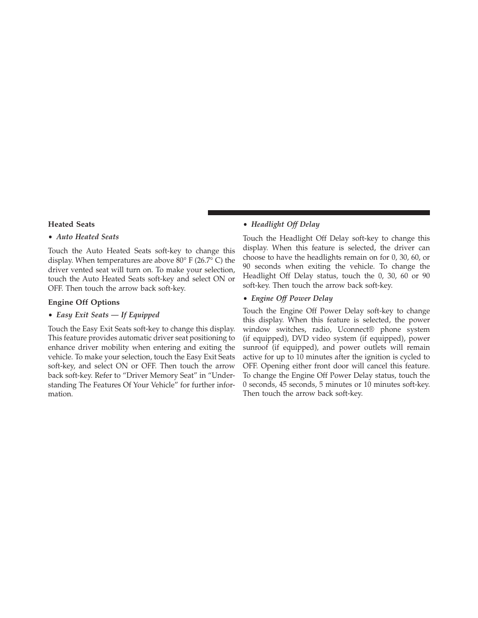 Heated seats, Engine off options | Dodge 2013 Charger-SRT - Owner Manual User Manual | Page 346 / 595