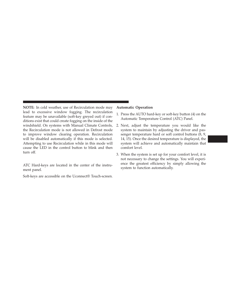 Automatic temperature control (atc), Automatic operation | Dodge 2013 Charger-SRT - Owner Manual User Manual | Page 381 / 595