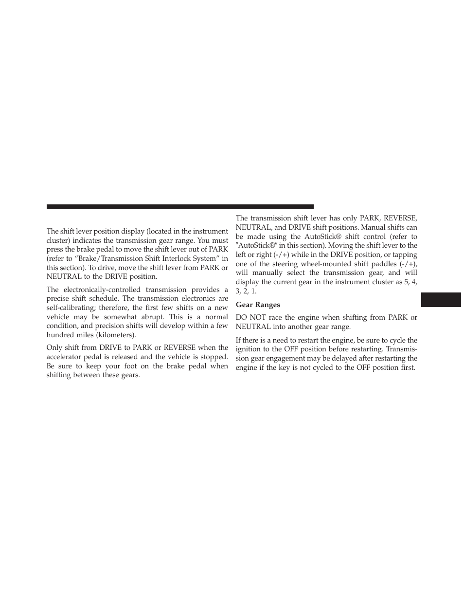 Five-speed automatic transmission, Gear ranges | Dodge 2013 Charger-SRT - Owner Manual User Manual | Page 399 / 595