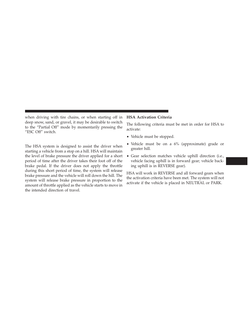 Hill start assist (hsa), Hsa activation criteria | Dodge 2013 Charger-SRT - Owner Manual User Manual | Page 425 / 595