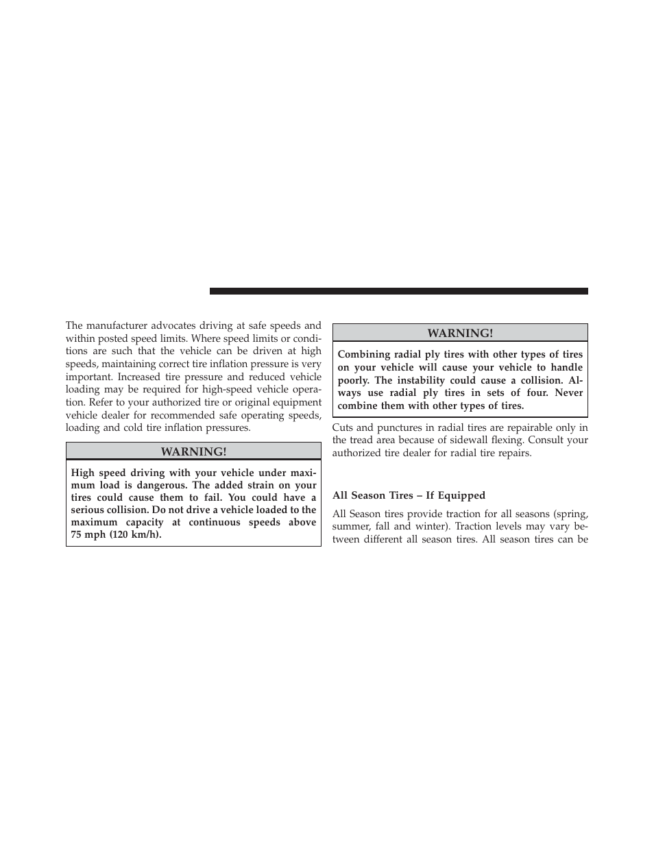 Tire pressures for high speed operation, Radial ply tires, Tire types | All season tires – if equipped | Dodge 2013 Charger-SRT - Owner Manual User Manual | Page 442 / 595