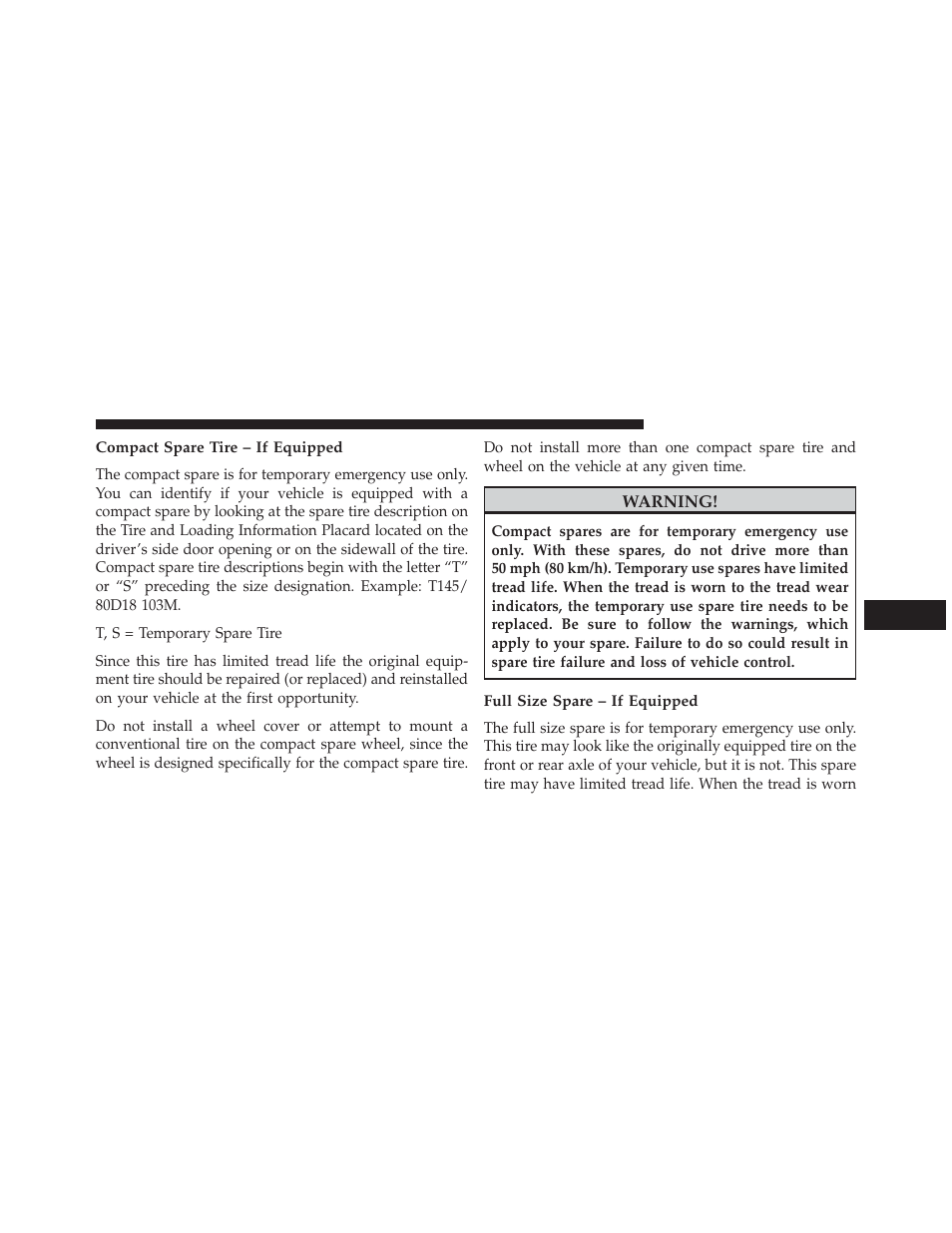 Compact spare tire – if equipped, Full size spare – if equipped | Dodge 2013 Charger-SRT - Owner Manual User Manual | Page 445 / 595