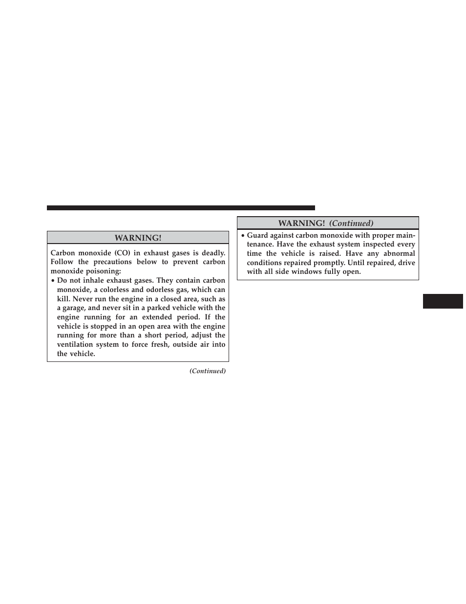 Carbon monoxide warnings | Dodge 2013 Charger-SRT - Owner Manual User Manual | Page 463 / 595