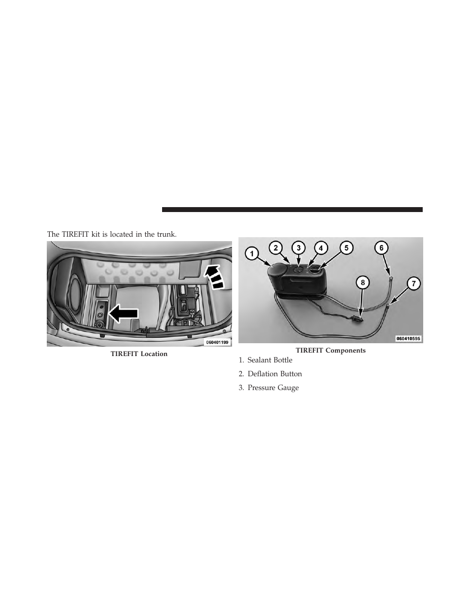 Tirefit storage, Tirefit kit components and operation | Dodge 2013 Charger-SRT - Owner Manual User Manual | Page 474 / 595