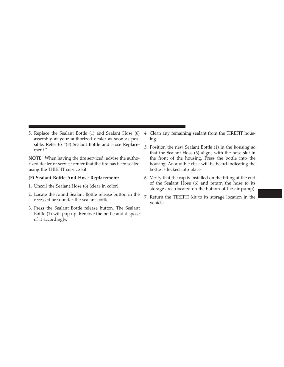 F) sealant bottle and hose replacement | Dodge 2013 Charger-SRT - Owner Manual User Manual | Page 483 / 595
