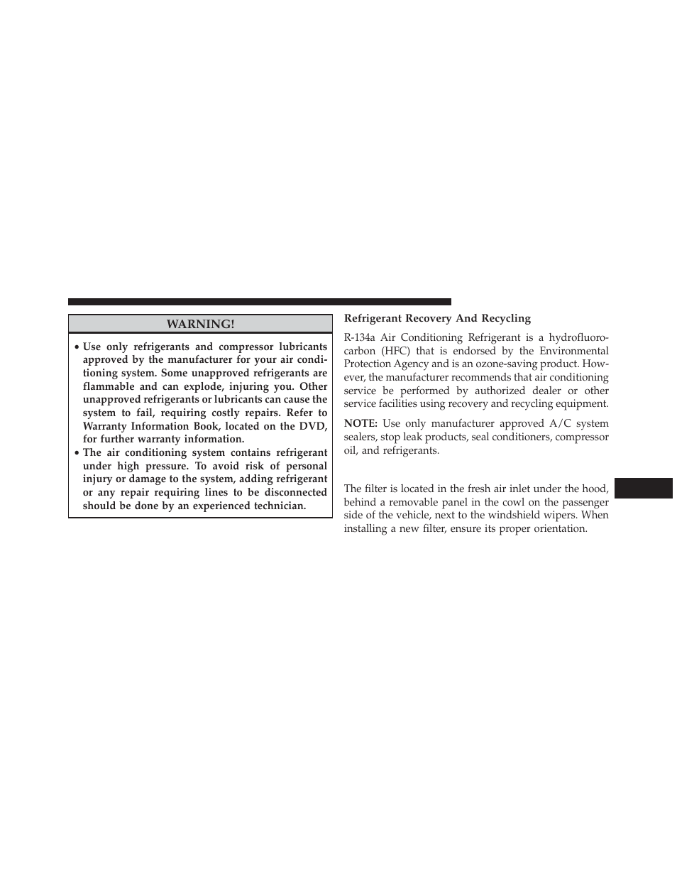 Refrigerant recovery and recycling, A/c air filter | Dodge 2013 Charger-SRT - Owner Manual User Manual | Page 505 / 595