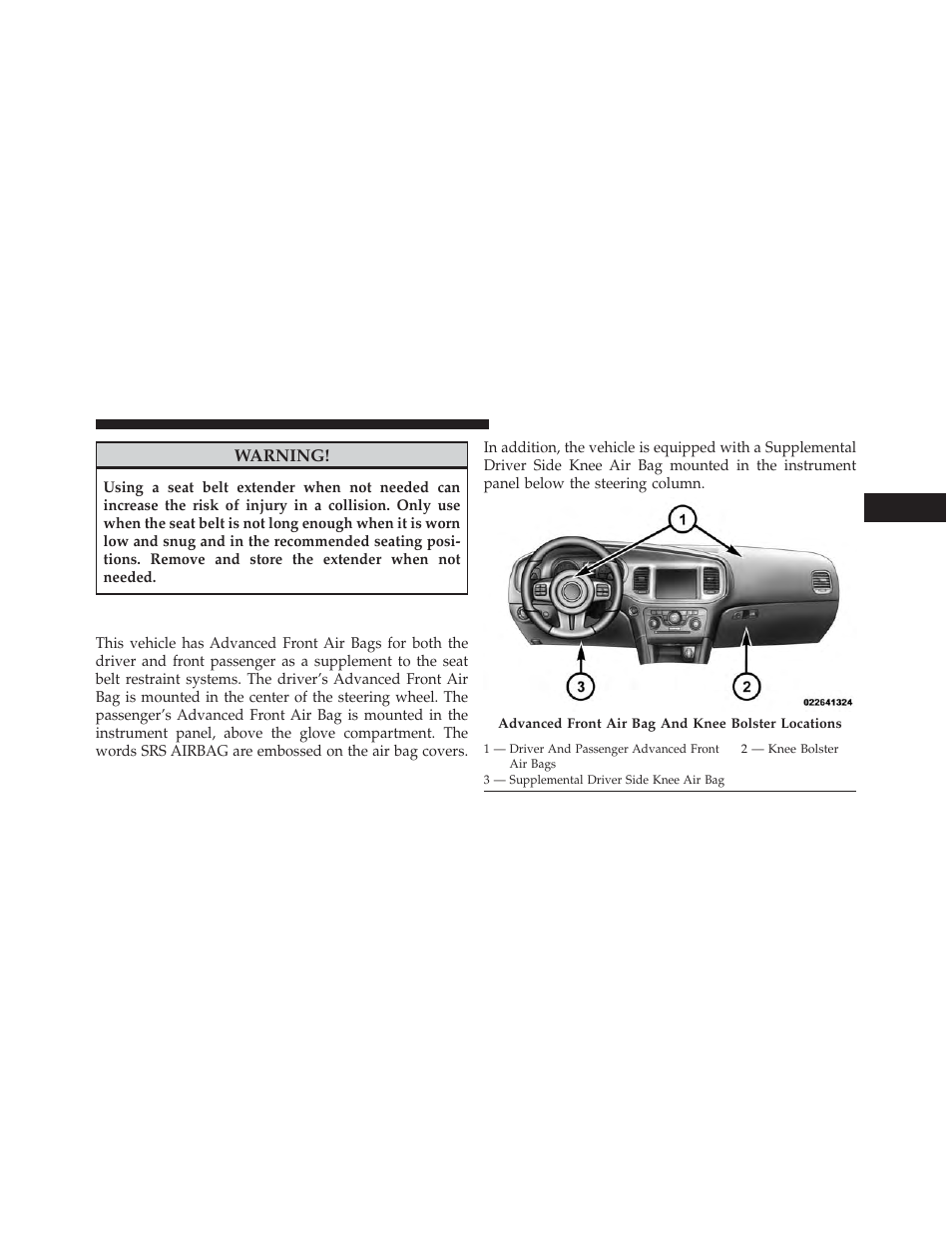 Supplemental restraint system (srs) — air bags, Supplemental restraint system (srs), Air bags | Dodge 2013 Charger-SRT - Owner Manual User Manual | Page 61 / 595