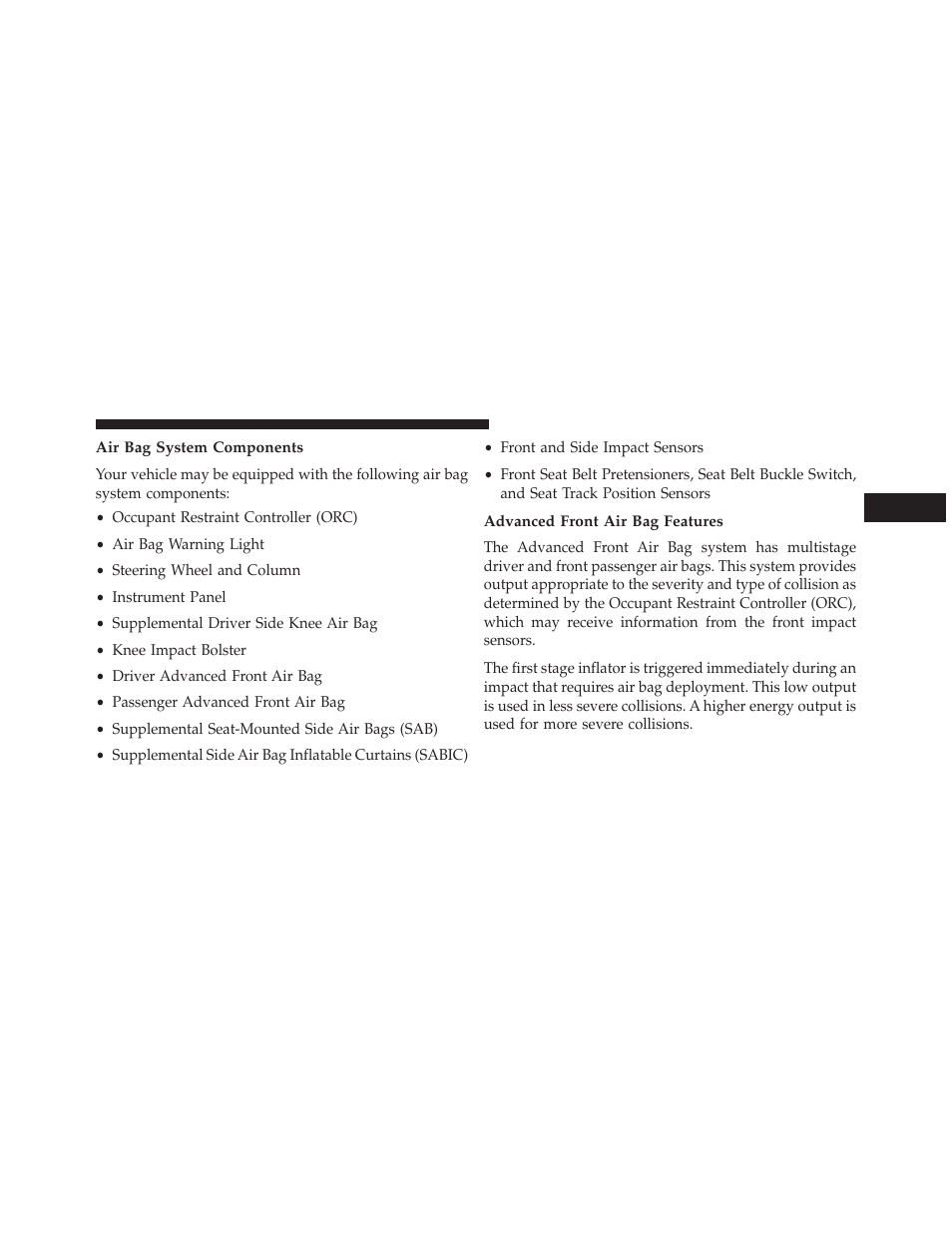 Air bag system components, Advanced front air bag features | Dodge 2013 Charger-SRT - Owner Manual User Manual | Page 63 / 595