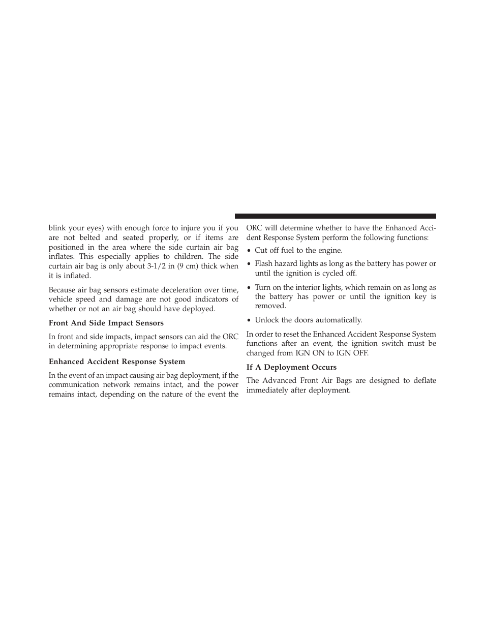 Front and side impact sensors, Enhanced accident response system, If a deployment occurs | Dodge 2013 Charger-SRT - Owner Manual User Manual | Page 72 / 595