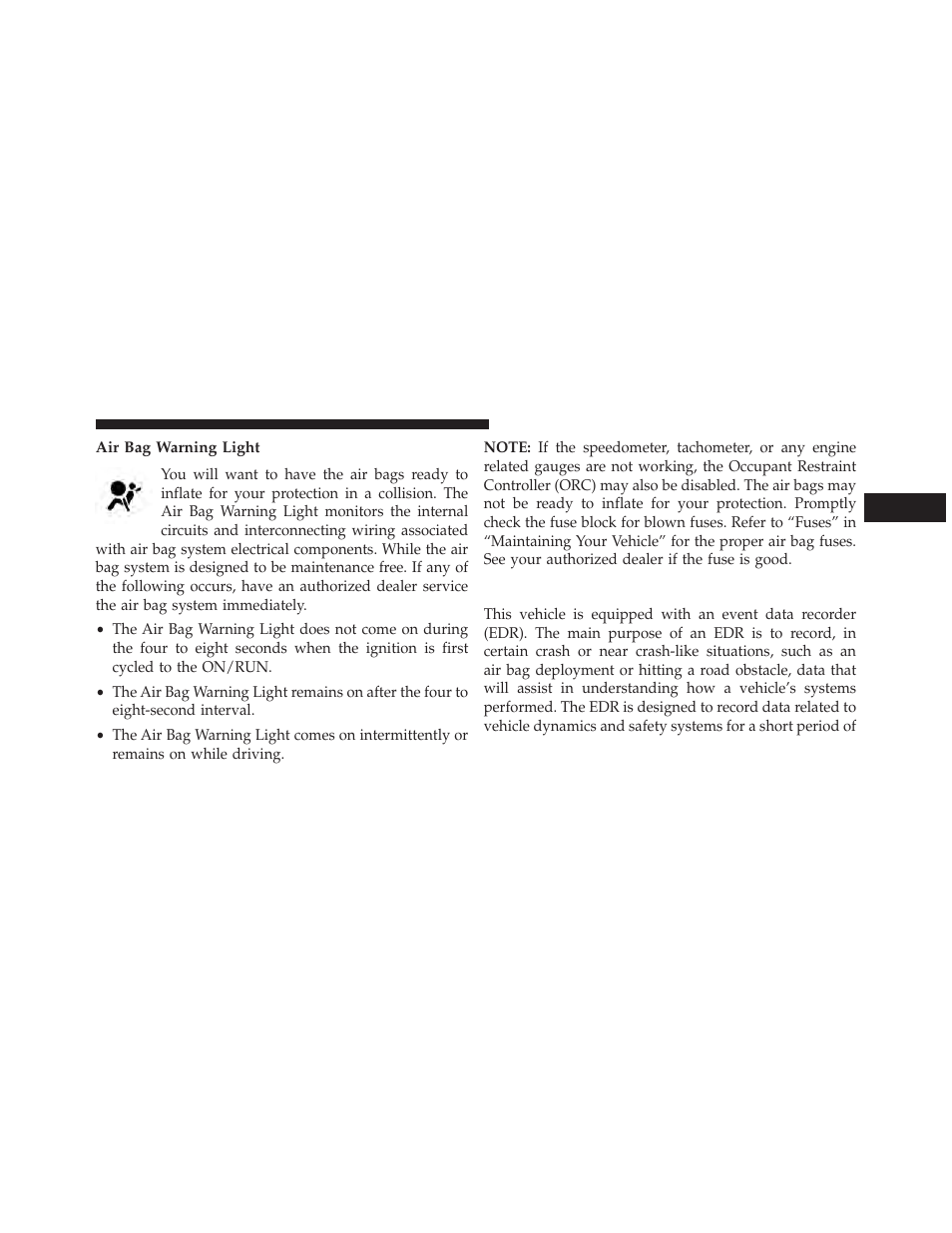 Air bag warning light, Event data recorder (edr) | Dodge 2013 Charger-SRT - Owner Manual User Manual | Page 75 / 595