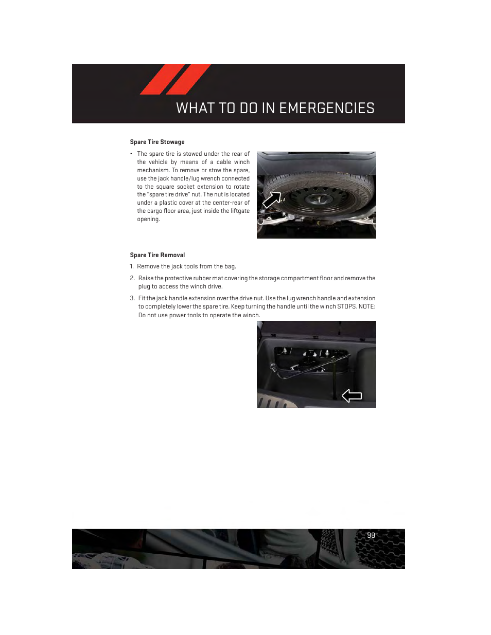 Spare tire stowage, Spare tire removal, What to do in emergencies | Dodge 2013 Durango - User Guide User Manual | Page 101 / 140