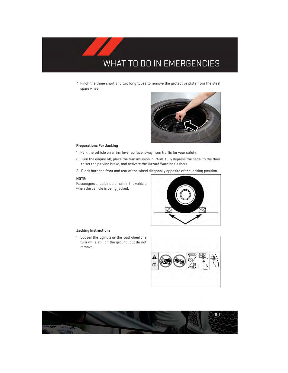 Preparations for jacking, Jacking instructions, What to do in emergencies | Dodge 2013 Durango - User Guide User Manual | Page 103 / 140